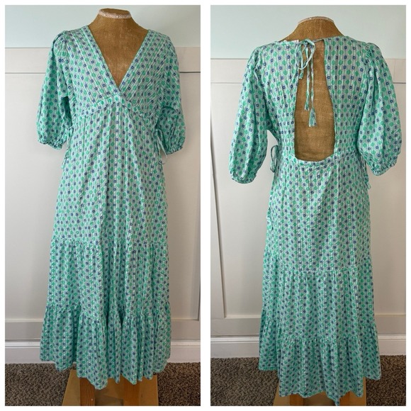 Mango Dresses & Skirts - Mango MNG Maxi Dress SMALL Green Open Back Cotton Geometric Tiered Deep V Neck